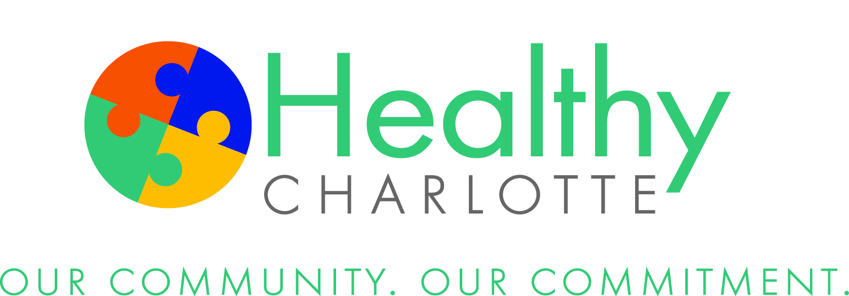 Healthy Charlotte logo is a circle made of four blue, orange, green and yellow puzzle pieces joined together. Healthy Charlotte: Our community. Our commitment.